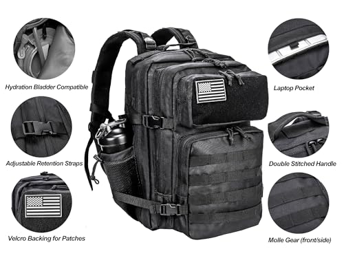 Military Tactical Backpack for Men and Women 45L Army 3 Days Assault Pack Bag Large Rucksack with Molle System Jet Black