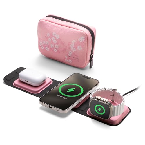 3-in-1 Travel Charger with MagSafe - Portable Wireless Charging Hub, Compatible w/iPhone 17/16/15/14/13/12 Series, Apple Watch Series 11 to 1 & Ultra, AirPods Pro/3rd Gen, Cherry Blossom Pink