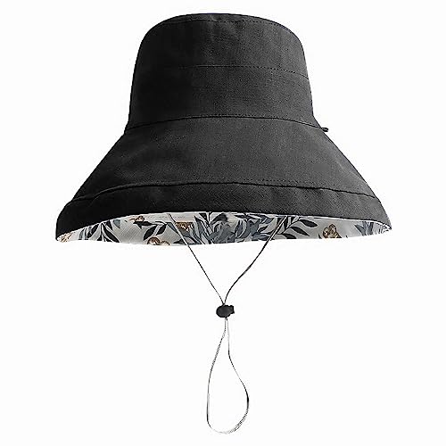 Women Floral Reversible Wide Brim Sun Hats Summer UV Protection Hiking Fishing Hat Wired Edge Beach Garden Lawn Work Cap Chin Strap