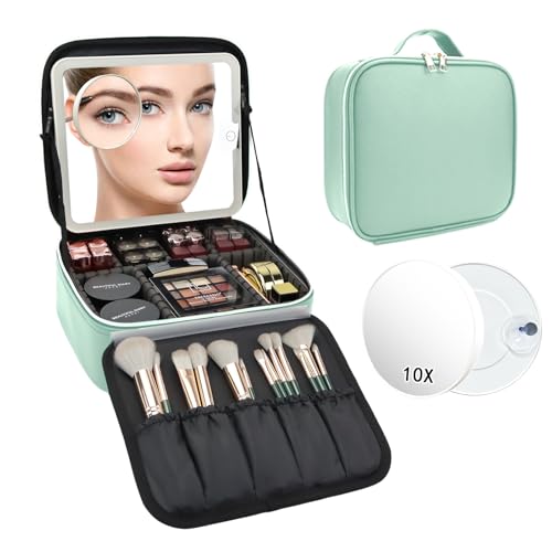 Travel Makeup Bag with LED Mirror and 10x magnifying glass with 3 Lighted Settings