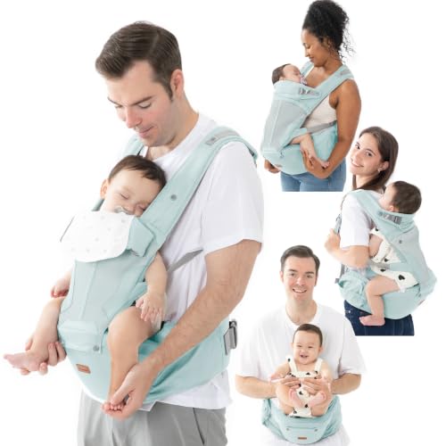 6-in-1 Baby Carrier with Hip Seat, Ergonomic Newborn to Toddler Carrier 7–50 lbs, Front Back Hip Carry, Lumbar Support, Sun Hood, Safety-Certified, Seafoam