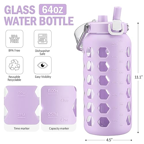 64oz Glass Water Bottle with Straw and Lid