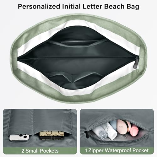 Beach Bag Initial Beach Tote with Makeup Bag for Travel