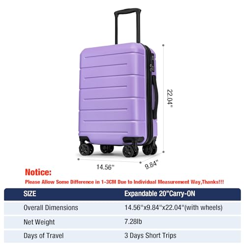 Carry On Luggage 22x14x9 Airline Approved with TSA Lock Hardshell Expandable 20 Inch Suitcase Carry On Suitcase with Wheels Small Travel Rolling Luggage with Cup Holder for Women Lt Purple