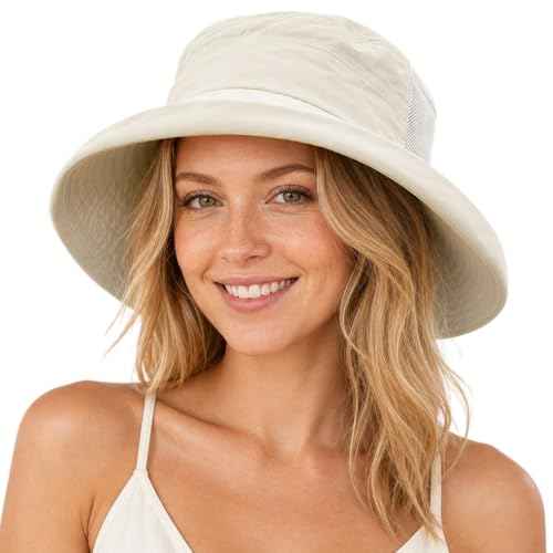 Sun Hat for Women Small Head Wide Brim UPF 50 UV Protection with Ponytail Hole Packable Bucket Hat for Travel Beach Outdoor Summer Waterproof Fishing Gardening Lightweight Cream Beige S