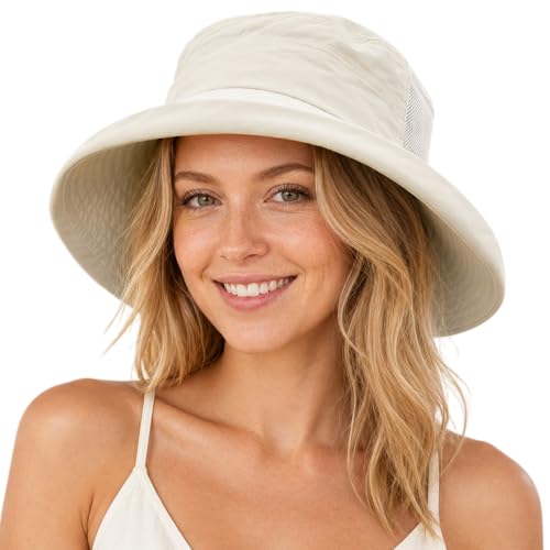 Sun Hat for Women Wide Brim SPF 50 UV Protection with Chin Strap Packable Bucket Hat for Travel Beach Outdoor Summer Waterproof Lightweight Gardening H iking Fishing Camping Cream Beige L