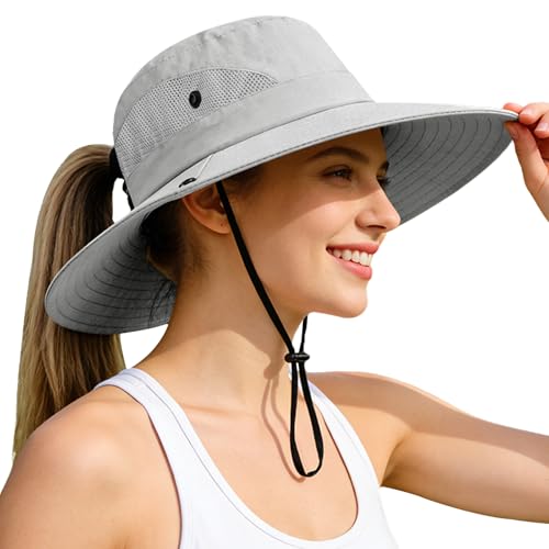 Ponytail Sun Bucket Hats for Women UV Protection Foldable Wide Brim