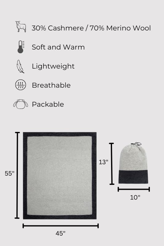 Cashmere Merino Travel Blanket & Pouch 55"x45" Gray & Charcoal