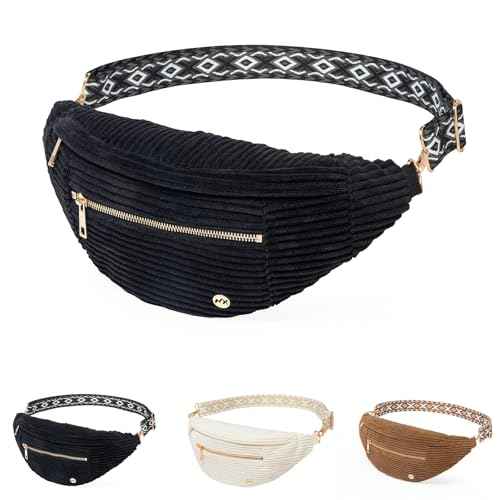 Black Crossbody Bag Corduroy Fanny Pack Vintage Sling Bag with Gold Zipper