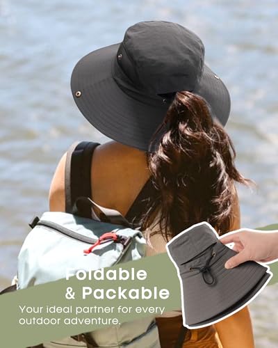 Womens Sun Hat with Ponytail Hole Beach Hiking Summer Wide Brim UPF 50+ Outdoor Protection Foldable Bucket Hat Dark Grey
