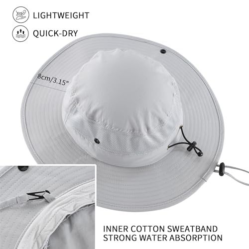 UPF50+ Mens Womens Sun Hat Wide Brim Sun Protection Hat for Beach Fishing Gardening Safari Bucket Hat Mesh Cowboy Hat Light Grey