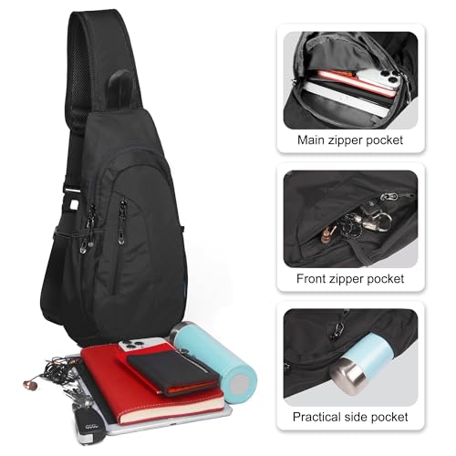 Small Sling Bag Lightweight Crossbody Bag for Women Men Hiking Backpack Travel Shoulder Bag Chest Daypack for Gym Work Outdoor Sports Black Black