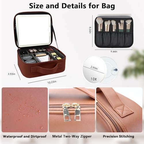 Travel Makeup Bag with LED Mirror and 10x magnifying glass with 3 Lighted Settings