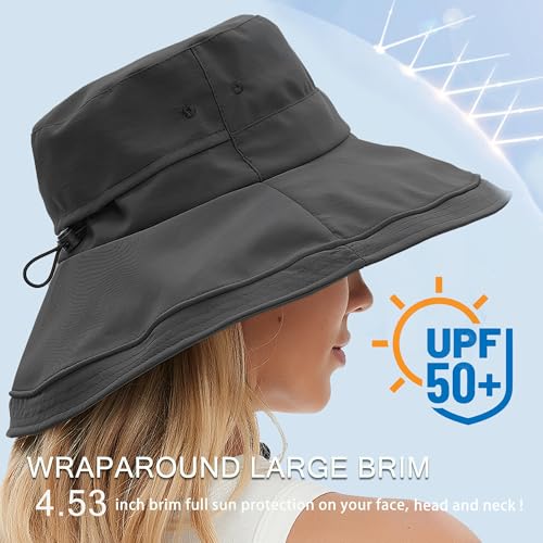 Sun Hats for Women UV Protection Wide Brim Hat with Ponytail Hole Black