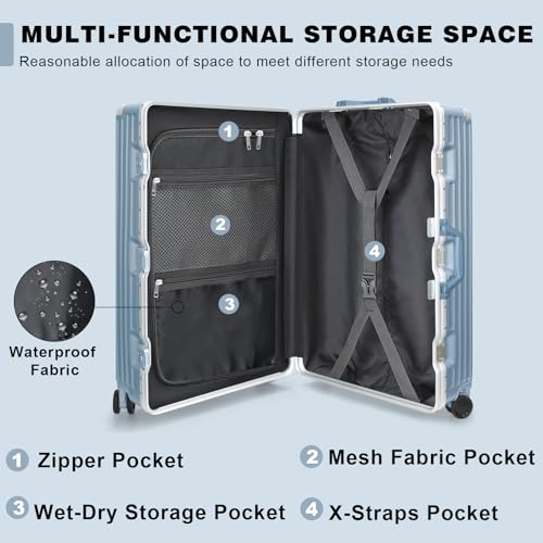 Luggage PC+ABS Aluminum Frame Zipperless Checked Luggage Hard Shell Suitcase with TSA Lock Double Spinner Wheels 24 Inch Haze Blue