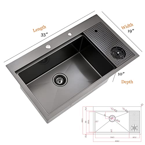33x19 Black Drop In Kitchen Sink with Cup Washer Workstation Sink