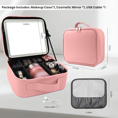 Travel Makeup Bag with LED Mirror Makeup Case with Light Up Mirror Portable Cosmetic Brush Organizer Bag with Adjustable Dividers for Cosmetics Makeup Brushes Toiletry