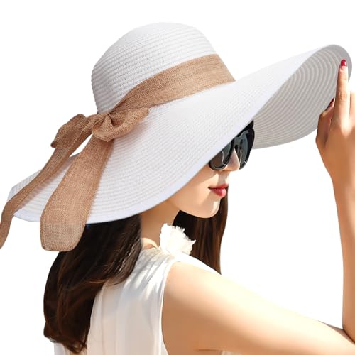 Womens Big Bowknot Straw Hat Foldable Sun Hats Floppy Beach Hat Large Roll up Cap UPF 50+