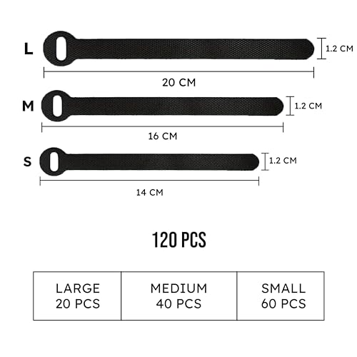 120 PCS 5/6/8 Inch Reusable Cable Ties for Cords – Data Cable Organizer Ties – Cord Wraps for Charging Cords – Electrical Wire Straps, Black (120 Count)