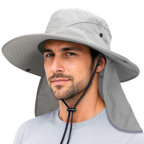 Sun Bucket Hats for Men Women Fishing Hat with Neck Flap Lightgrey