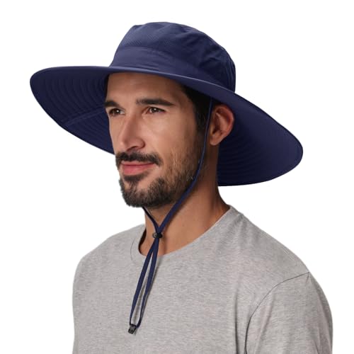 UPF50+ Mens Wide Brim Sun Hat Large Foldable Brim Bucket Hat for Fishing Gardening Womens UV Protection Hat Navy Blue
