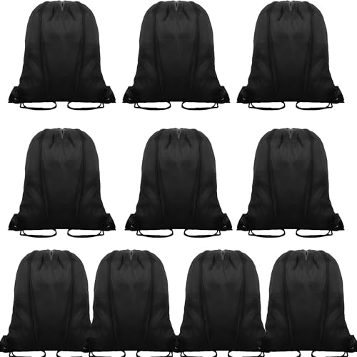 10Pcs Black Drawstring Backpack Bags Sack Pack Cinch Tote Sport Bulk Storage Polyester Bag for Gym Traveling (10 Count)