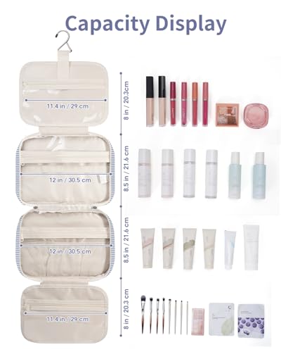Striped Travel Toiletry Bag for Women Large Hanging Makeup Bag Organizer Toiletries Bag for Full Size Essentials Accessories Cosmetics