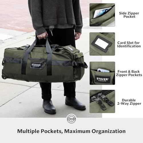 45/80/100L Rolling Duffel Bag with Wheels, Large Durable Travel Duffle + Toiletry Bag, Heavy Duty, Packable, Foldable with Shoulder Straps- Use as Luggage or Backpack, Men/Women (Green)