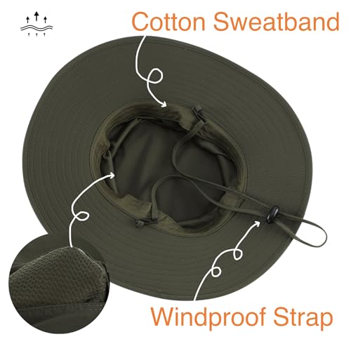 UPF50+ Mens Sun Hat Wide Brim Fishing Hat for Mens Womens Beach Bucket Hat Gardening Golf Army Green