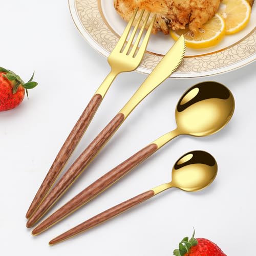 16 Pcs Gold Silverware Set with Simulated Wooden Handle for 4 (16 Count)