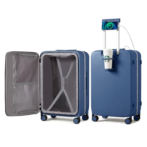 Large Checked Luggage with Cup Phone Holder and Charger Hard Shell Suitcases with Spinner Wheels