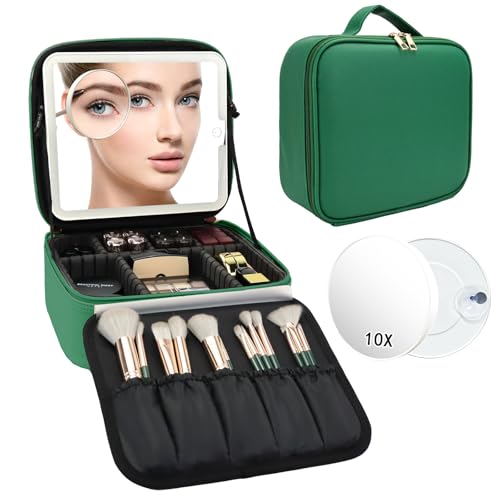 Travel Makeup Bag with LED Mirror and 10x magnifying glass with 3 Lighted Settings