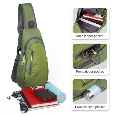 Small Sling Bag Lightweight Crossbody Bag for Women Men Hiking Backpack Travel Shoulder Bag Chest Daypack for Gym Work Outdoor Sports Army Green Grass Green