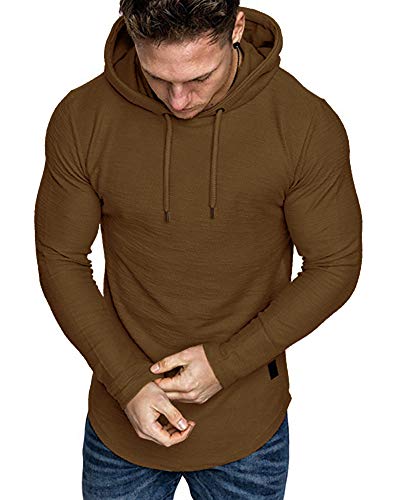 Mens Fashion Athletic Hoodies Sport Sweatshirt Solid Color Fleece Pullover Brown XX