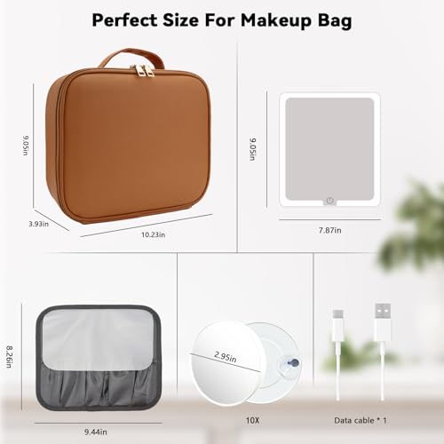 Travel Makeup Bag with LED Mirror and 10x magnifying glass with 3 Lighted Settings