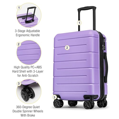 Carry On Luggage 22x14x9 Airline Approved with TSA Lock Hardshell Expandable 20 Inch Suitcase Carry On Suitcase with Wheels Small Travel Rolling Luggage with Cup Holder for Women Lt Purple