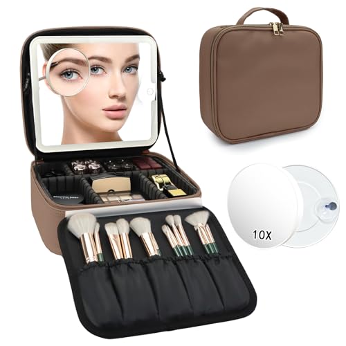 Travel Makeup Bag with LED Mirror and 10x magnifying glass with 3 Lighted Settings