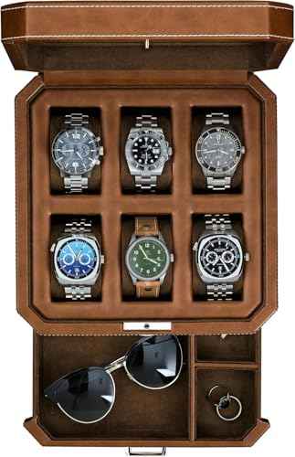 6 Slot Leather Watch Box with Valet Drawer