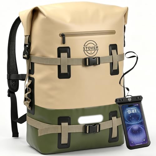 30/40/55L Waterproof Dry Backpack & Phone Case - 2XL Floating Dry Bag for Kayaking, Travel, Hiking, Fishing, Camping, Motorcycles & Beach, Heavy-Duty Roll Top Men/Women (Tan/Army Green/Brown)