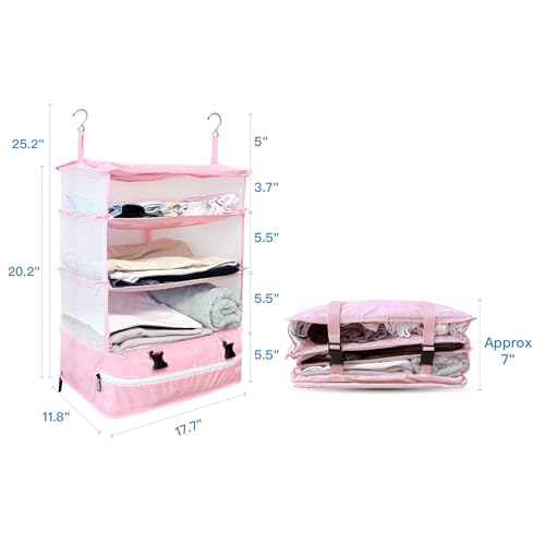Stow-N-Go Hanging Travel Shelves, Packing Organizer for Luggage. Carry on Closet for Suitcase. Expandable Packing Cube. Travel Essentials. (Pink - XL, XL = (L) 17.7" x (W) 11.8")