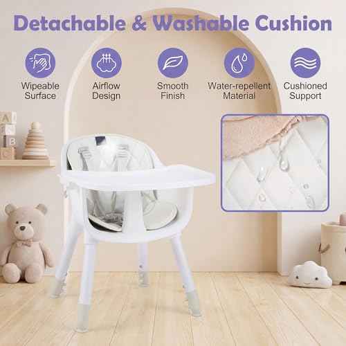 6-in-1 High Chair, Convertible Highchair for Babies and Toddlers/Kids Chair Table Set/Infant Feeding Chair w/Safety Harness, PU Leather Cushion & Removable Food Tray (White)