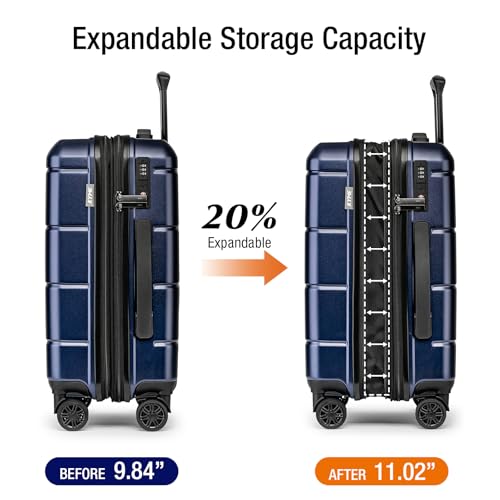 Carry On Luggage 22x14x9 Airline Approved Hardshell 20 Inch Luggage With TSA Lock Carry On Suitcase with Wheels Small Travel Rolling Luggage with Cup Holder for Women Men Navy