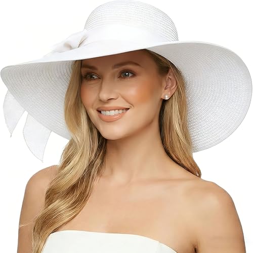 Womens Big Bowknot Straw Hat Foldable Sun Hats Floppy Beach Hat Large Roll up Cap UPF 50+