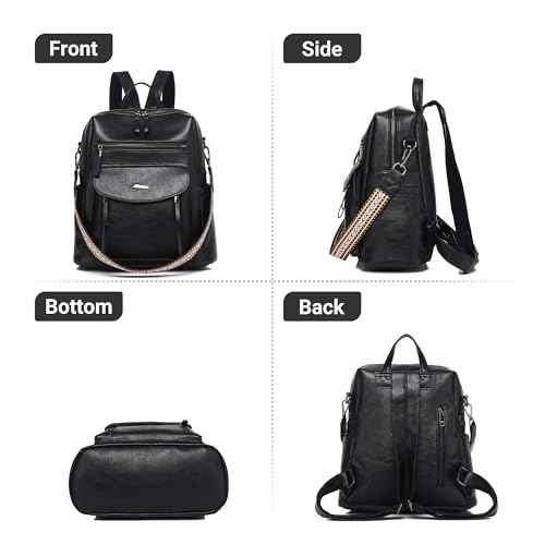 PU Leather Small Backpack Purse for Women Ladies Dark Black
