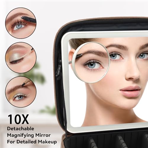 Travel Makeup Bag with LED Mirror and 10x magnifying glass with 3 Lighted Settings