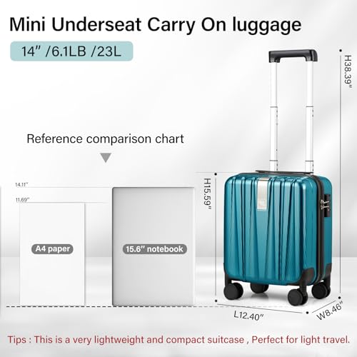 14 Inch Underseat Carry On Luggage with Wheels Hard Shell Suitcases Carry On Bag Lightweight Small Mini Suitcase Tsa Luggage for Travel. Caribbean Blue