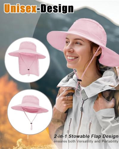 Outdoor Sun Hats with Stowable Neck Flap for Men Women UPF 50+ Mesh Summer Bucket Hat Wide Brim for Fishing Safari Hiking Pink