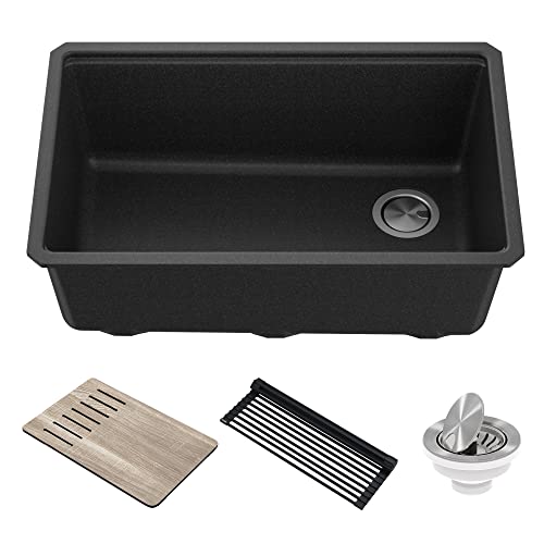 Bellucci 30” in. Undermount Workstation Granite Kitchen Sink in Metallic Black with Accessories
