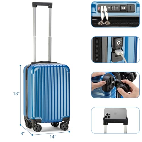 Personal Item Suitcase 18x14x8 Inches Hardside Built In TSA Lock & USB Port Lightweight Luggage Silent Double Spinner Wheels Maximum Underseat Carry