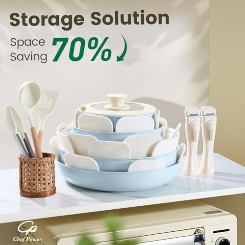 Ceramic Nonstick Pots and Pans Set 19 Piece with Detachable Handle